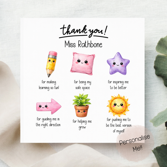 Personalized thank you card with cartoon characters and text on a white background
