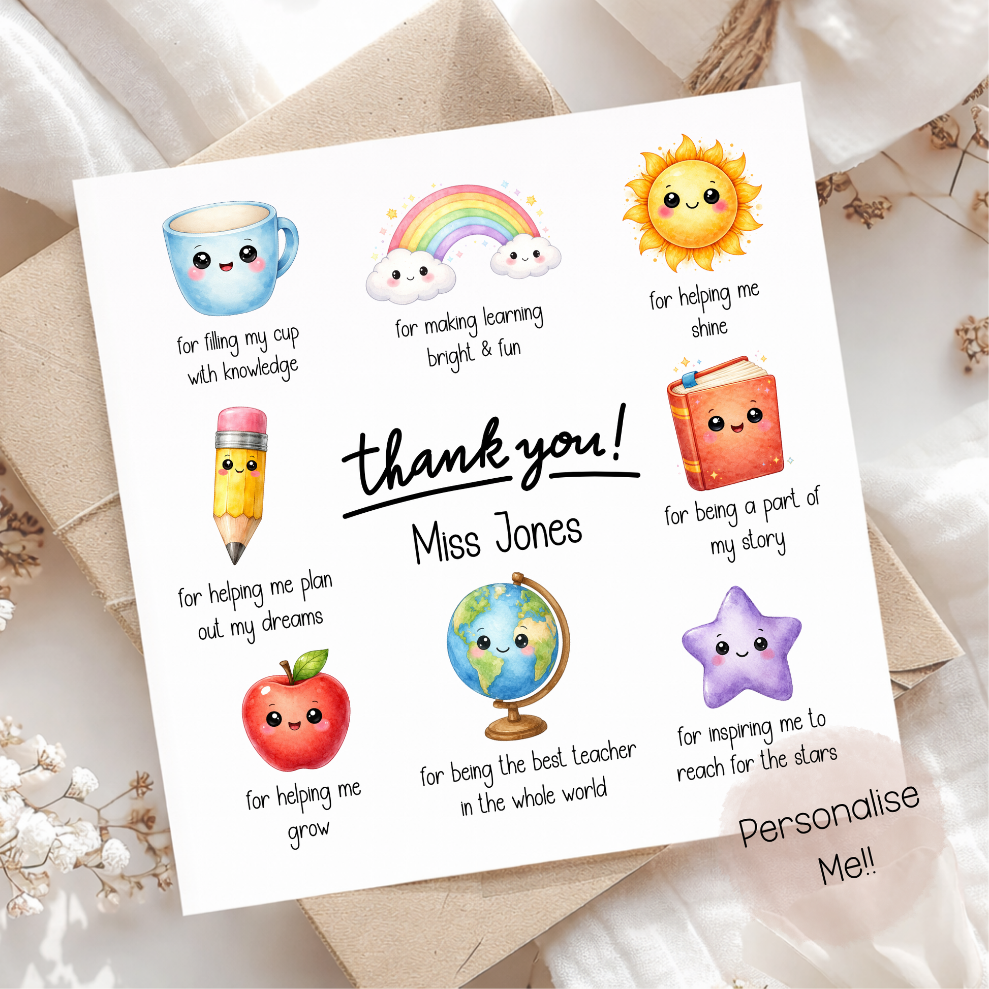 Personalized card with cartoon illustrations and text for a teacher on a soft background