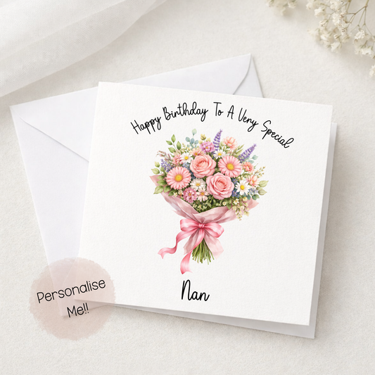 Personalised Nan Birthday Card – Floral Bouquet Greeting Card – Custom Name Card – Elegant Birthday Card for Grandma – Handmade Style Card