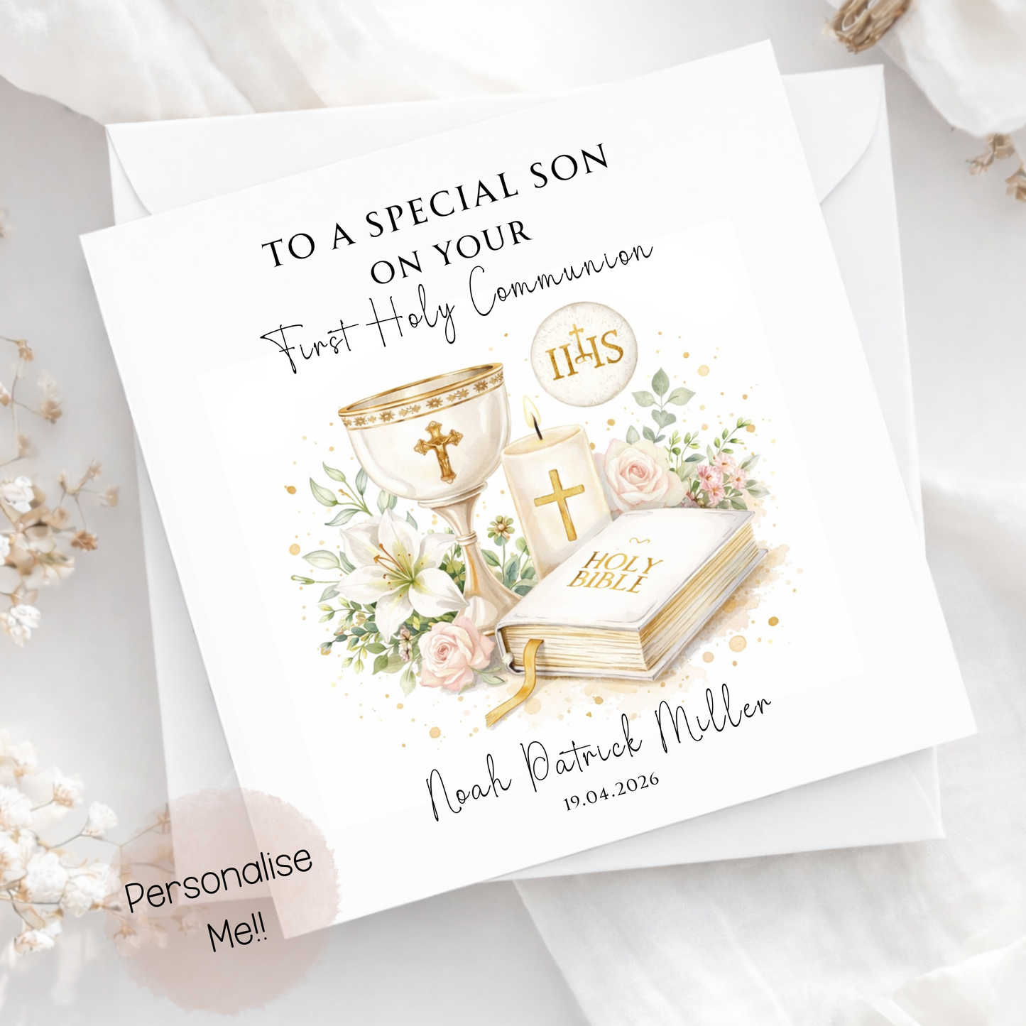 Greeting card for a special son on his First Holy Communion with religious symbols and flowers.