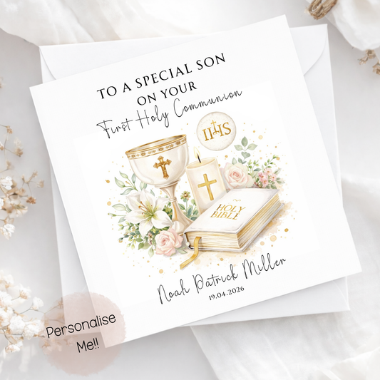 Greeting card for a special son on his First Holy Communion with religious symbols and flowers.