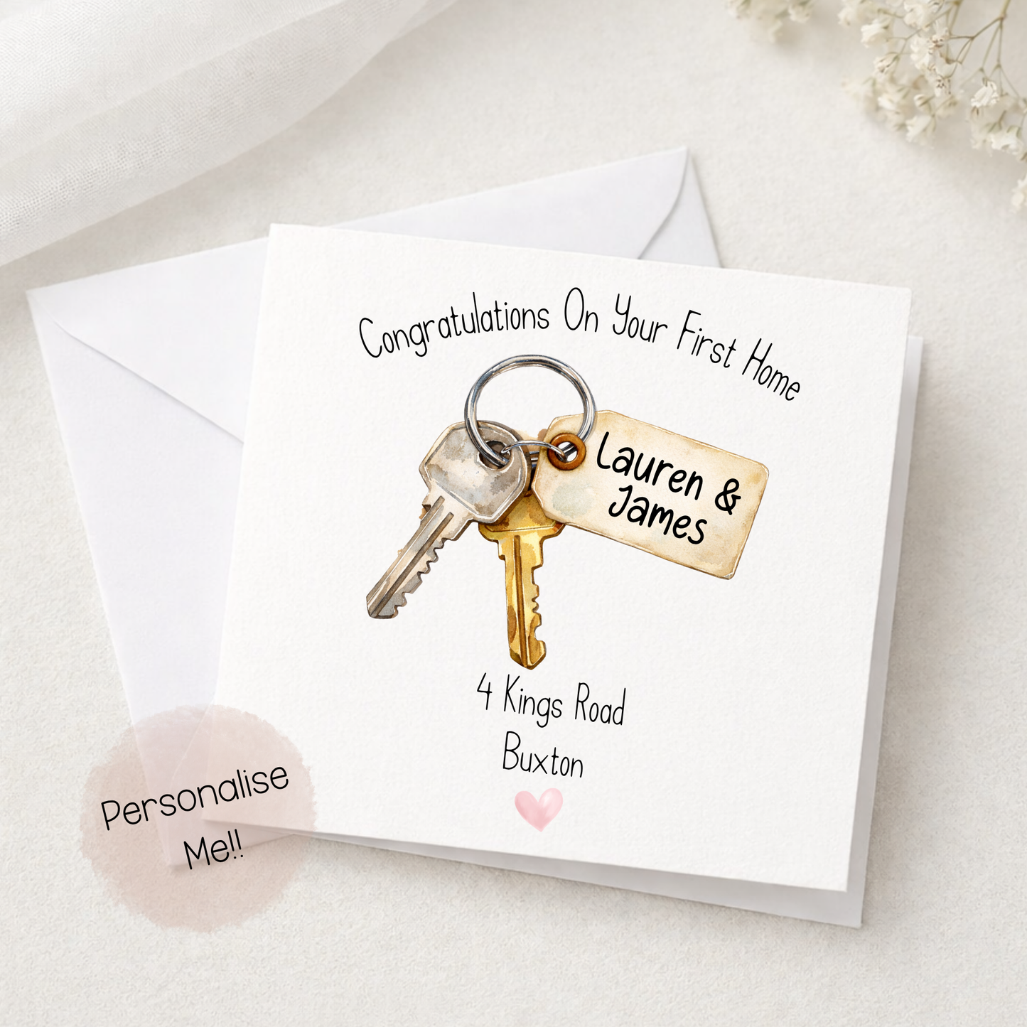 Personalised first home card with keys design, custom names Lauren and James and address