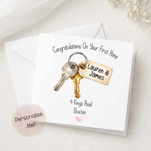 Personalised first home card with keys design, custom names Lauren and James and address