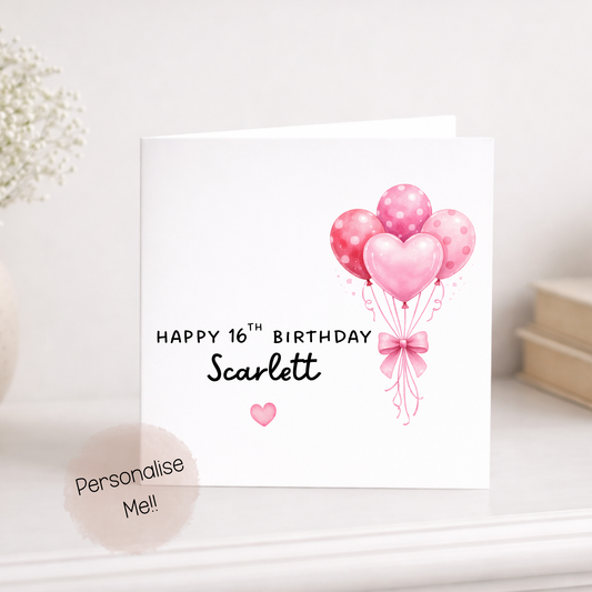 Personalised 16th Birthday Card Girl – Pink Balloon 16th Birthday Card – Custom Name 16th Card Daughter – 16th Birthday Card