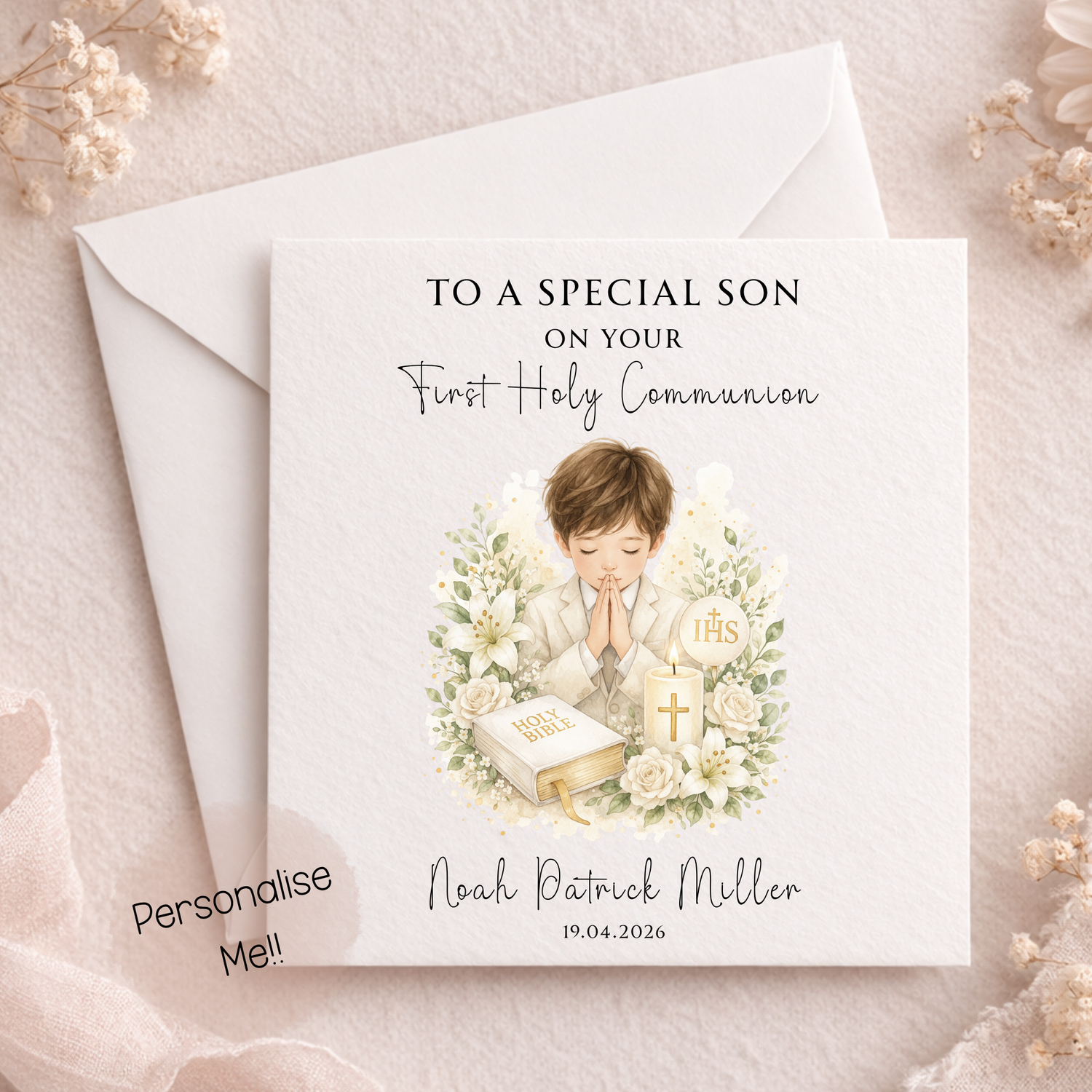 Greeting card for a special son on his First Holy Communion with an envelope on a soft background.