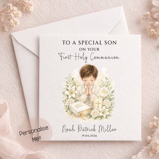 Greeting card for a special son on his First Holy Communion with an envelope on a soft background.