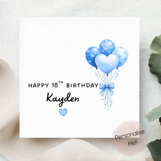 Personalised 18th Birthday Card Boy – Blue Balloon Birthday Card – Custom Name 18th Birthday Card – Teen Boy Birthday Card