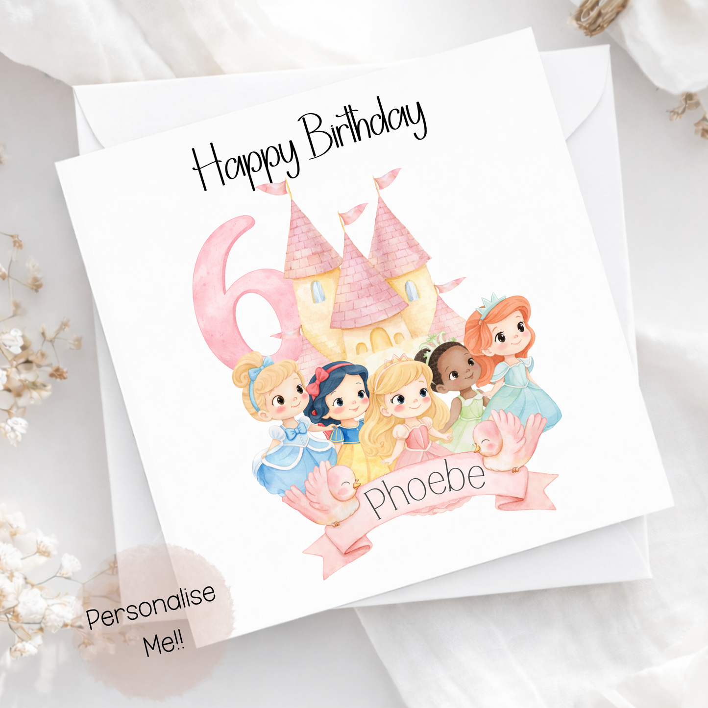 Birthday card with cartoon princesses and the number 6 on a white background