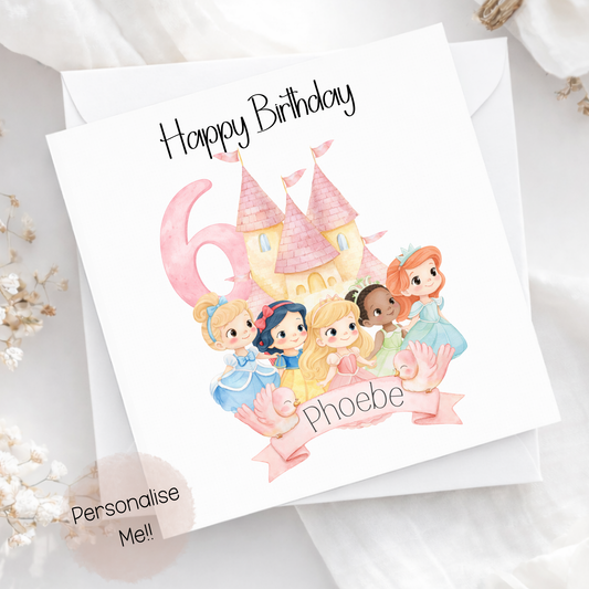 Birthday card with cartoon princesses and the number 6 on a white background