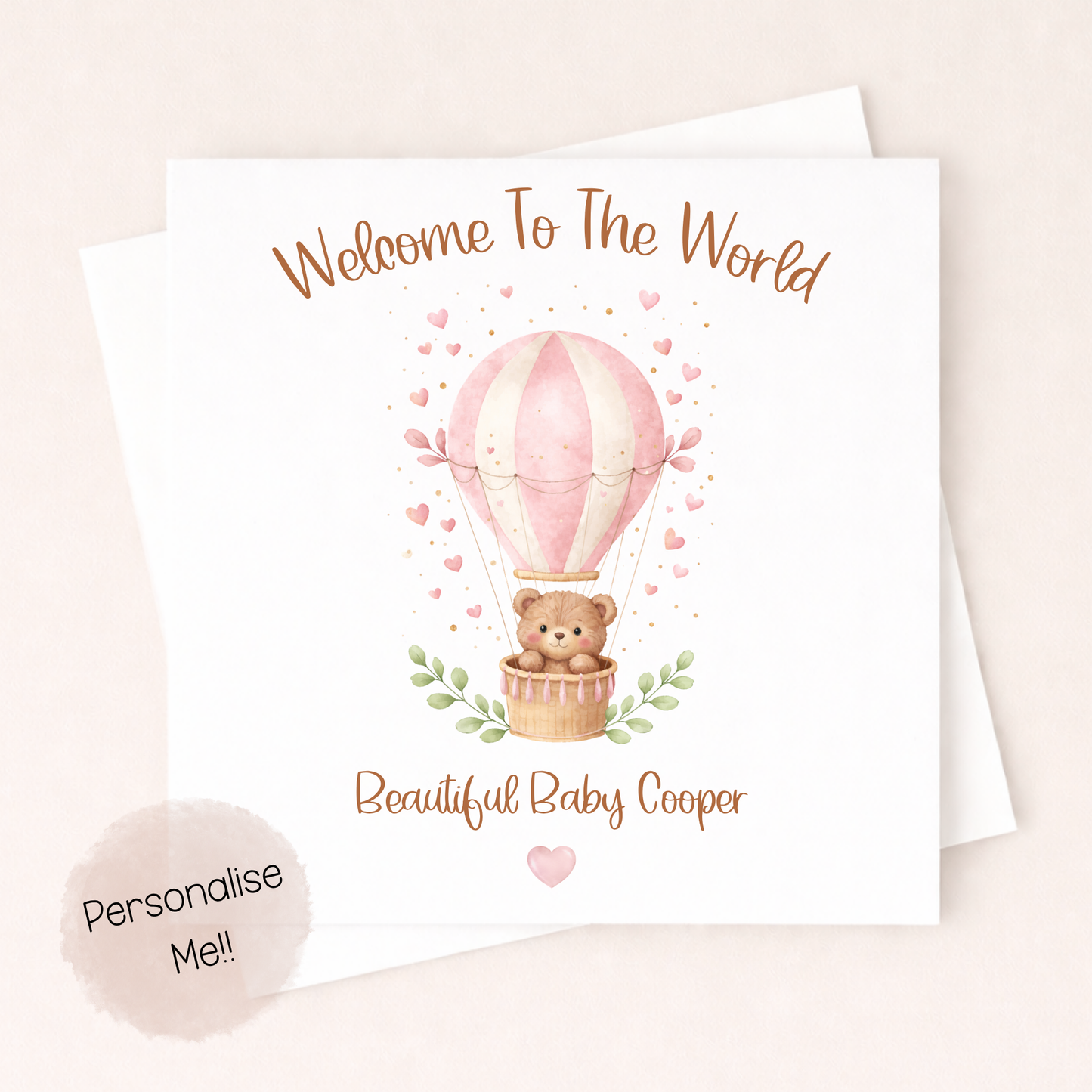 Personalised New Baby Girl Card – Welcome To The World Card – Hot Air Balloon Baby Card – Custom Name Baby Card