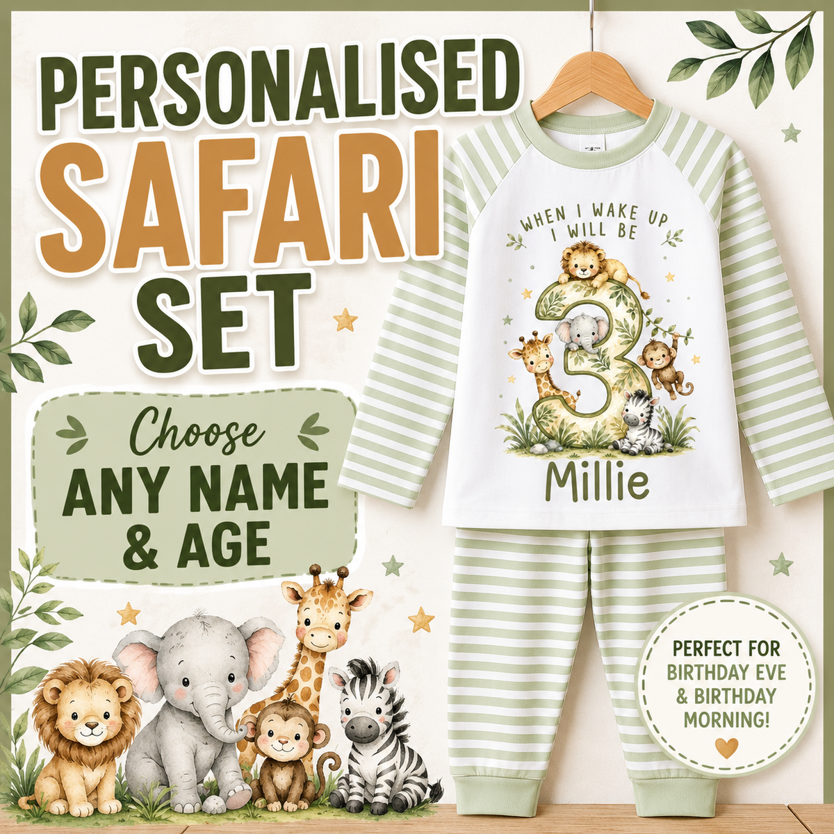 Personalised 3rd Birthday Set, Safari Animal Birthday Outfit, When I Wake Up I Will Be Three, Custom Name Any Age Toddler Set Little Wishes By Amba