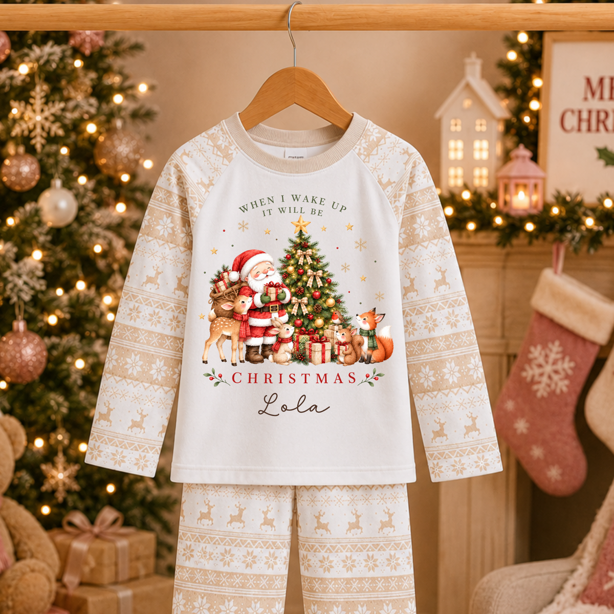 Personalised woodland Christmas pyjamas for kids with Santa, Christmas tree, reindeer, fox and woodland animals, custom child's name and neutral festive pattern.