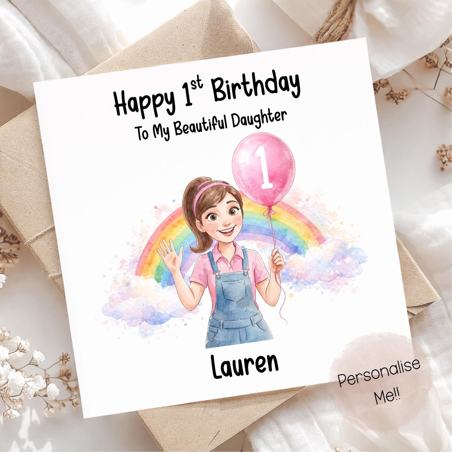 Birthday card for a first birthday with a girl holding a pink balloon and rainbow, on a soft background.