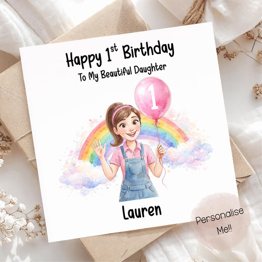 Birthday card for a first birthday with a girl holding a pink balloon and rainbow, on a soft background.