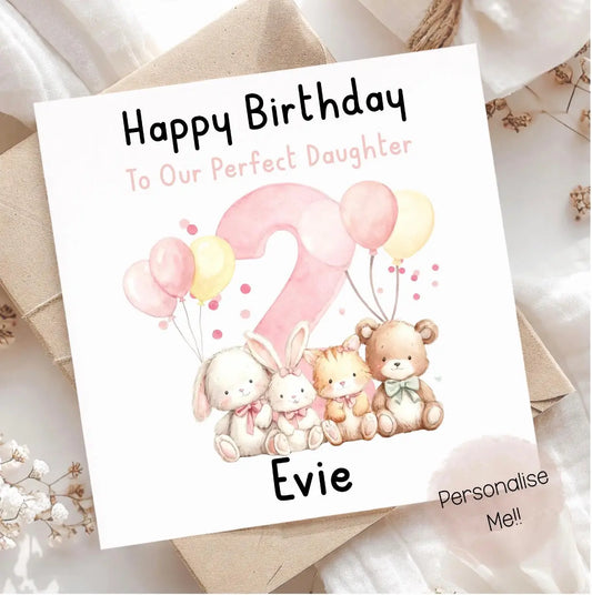 Personalised 2nd Birthday Card For Daughter – Cute Pink Animal Birthday Card – Custom Name Girl Birthday Card – Birthday Daughter