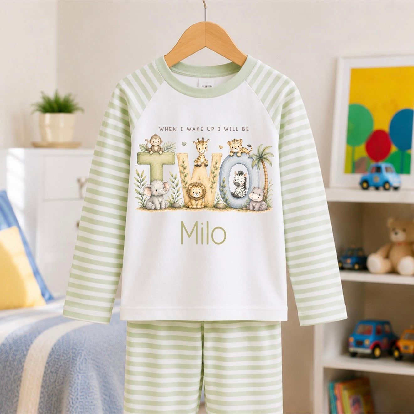 Personalised Birthday Set, Safari Animal Outfit, When I Wake Up I Will Be Two, Any Age Custom Name Toddler Set