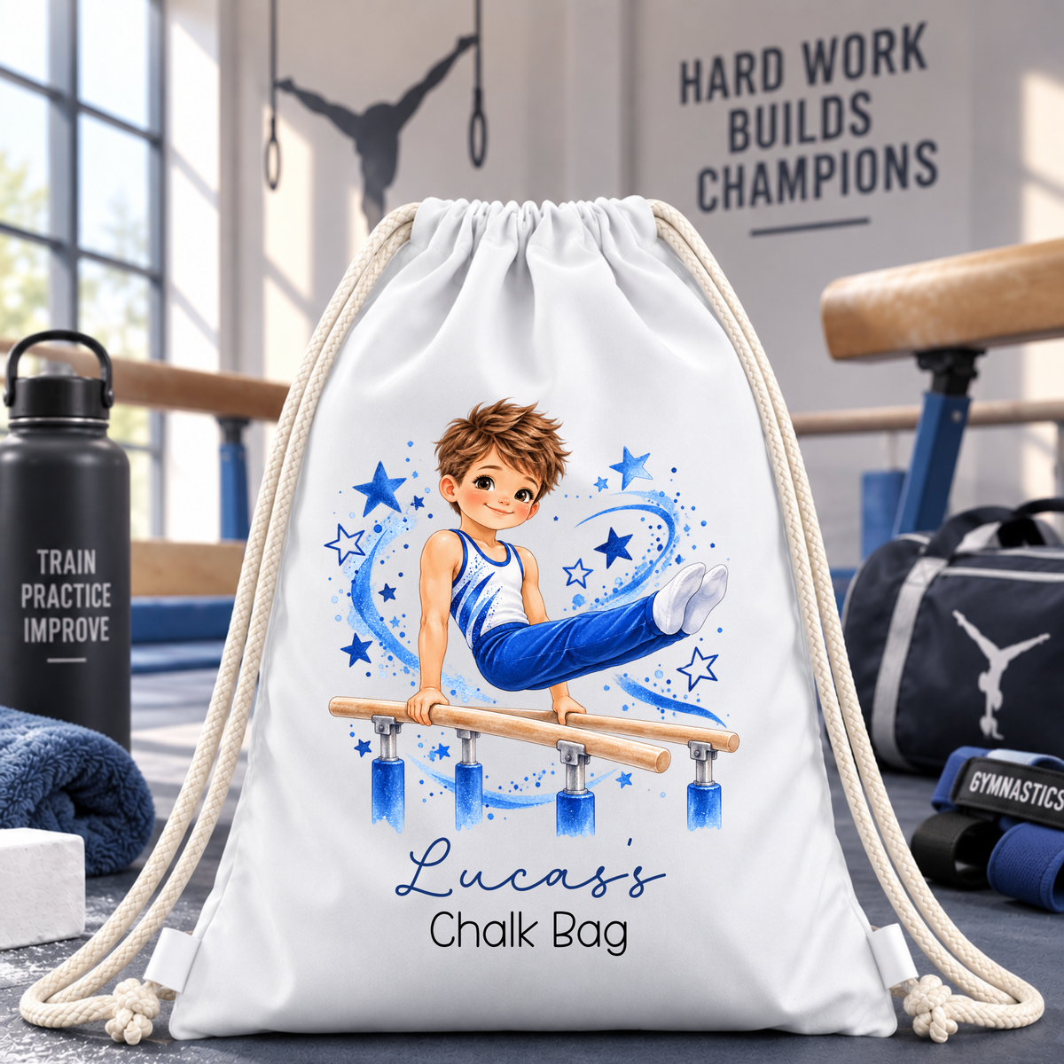 Personalised Boys Gymnastics Chalk Bag | Custom Name Gymnast Drawstring Bag Creative Wishes By Amba