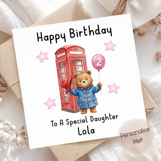 Personalised 2nd Birthday Card Daughter – Cute Bear Birthday Card – Pink Balloon Girl Birthday Card – Custom Name 2nd Birthday