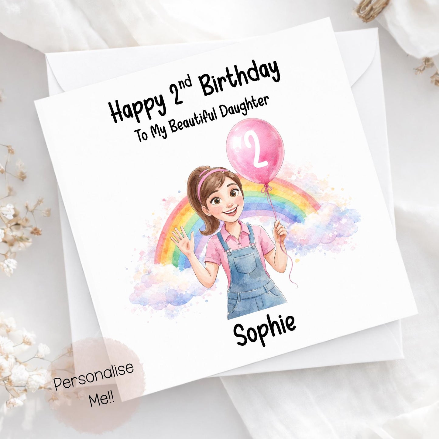 Personalised 2nd Birthday Card Daughter – Rainbow Birthday Card Girl – Custom Name 2nd Birthday Card – Toddler Birthday Card
