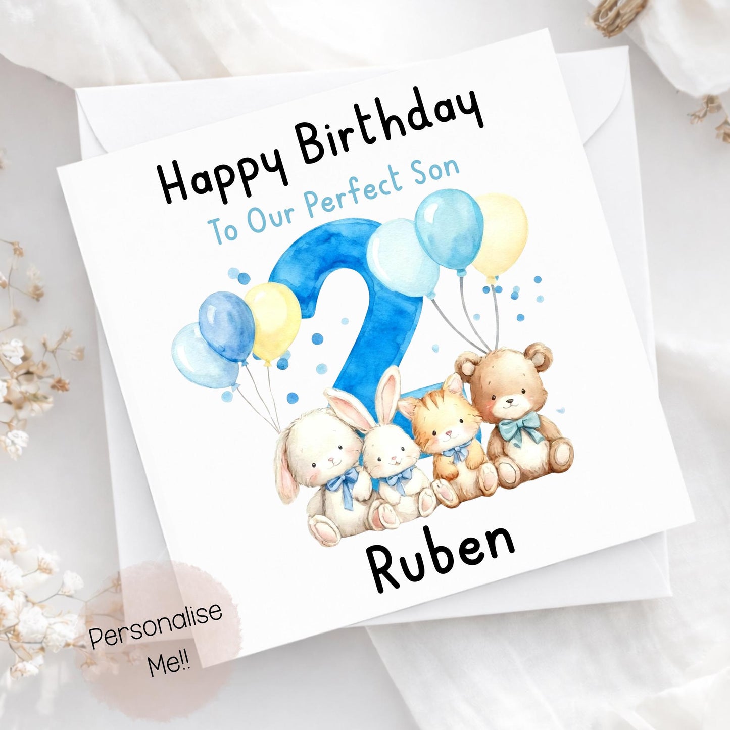 Personalised 2nd Birthday Card For Son – Cute Blue Animal Birthday Card – Custom Name Boy Birthday Card – Birthday Grandson