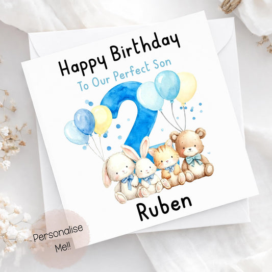 Personalised 2nd Birthday Card For Son – Cute Blue Animal Birthday Card – Custom Name Boy Birthday Card – Birthday Grandson