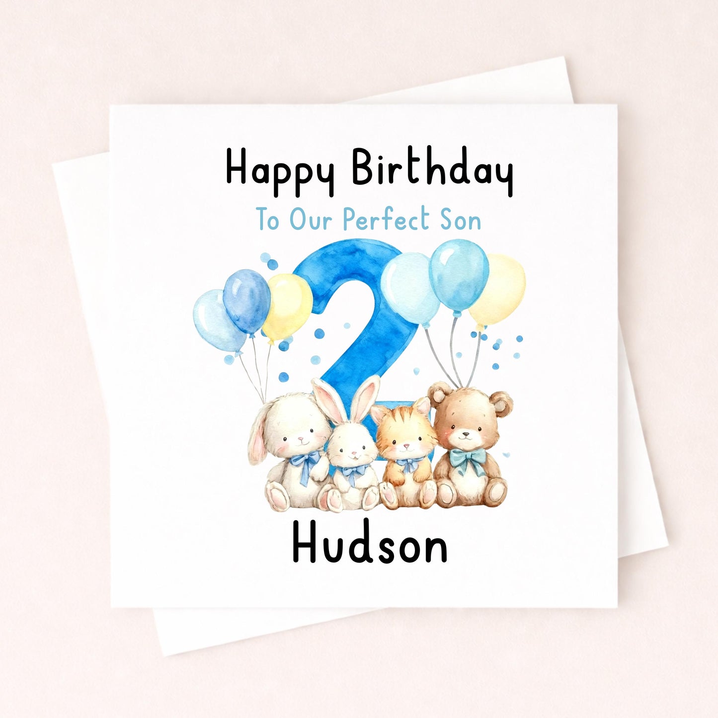 Personalised 2nd Birthday Card For Son – Cute Blue Animal Birthday Card – Custom Name Boy Birthday Card – Birthday Grandson