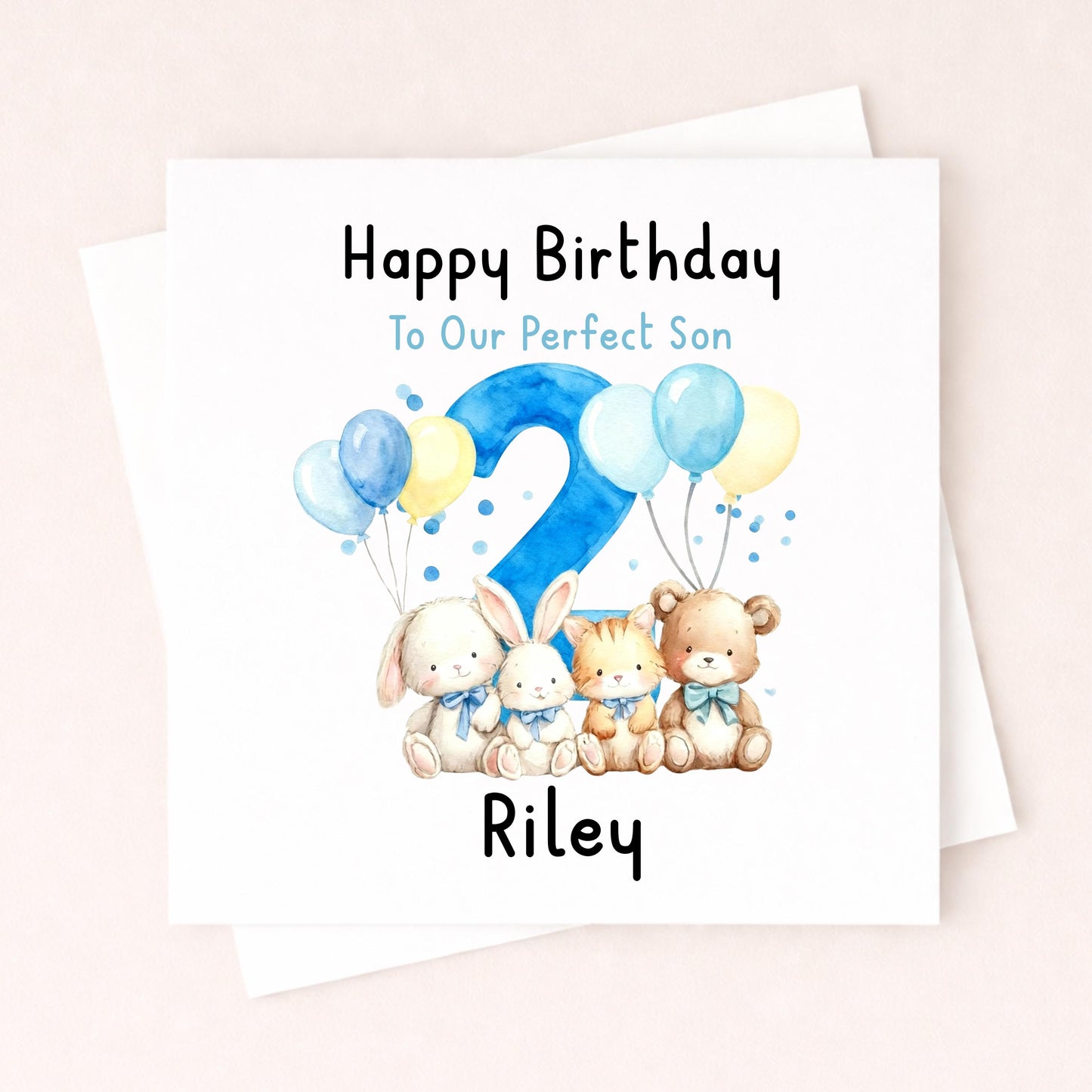 Personalised 2nd Birthday Card For Son – Cute Blue Animal Birthday Card – Custom Name Boy Birthday Card – Birthday Grandson