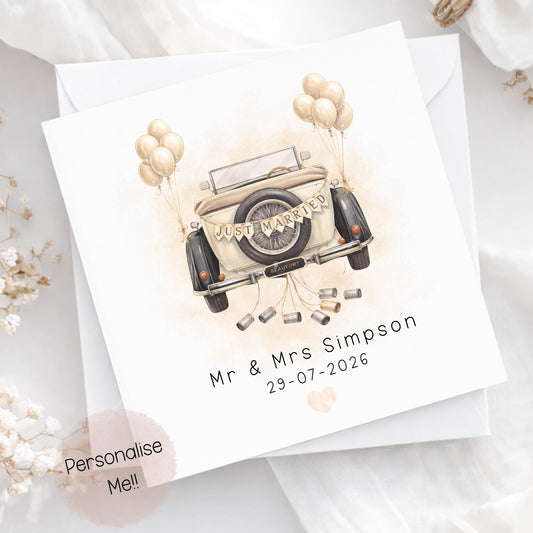 Personalised Wedding Card With Date – Just Married Car Wedding Card – Mr & Mrs Wedding Card – Custom Names Wedding Card (Copy)