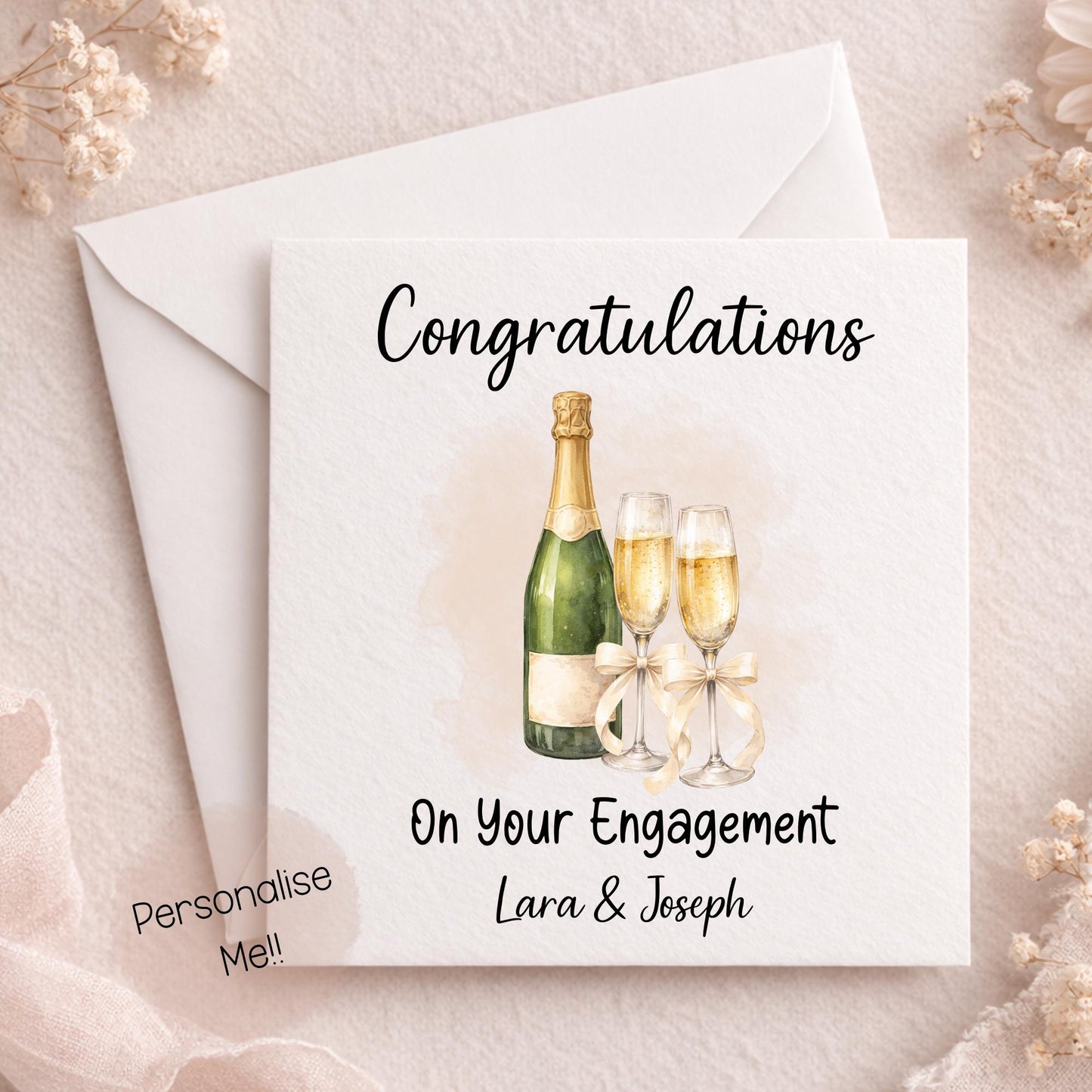 Personalised engagement card with champagne glasses and custom names for couple