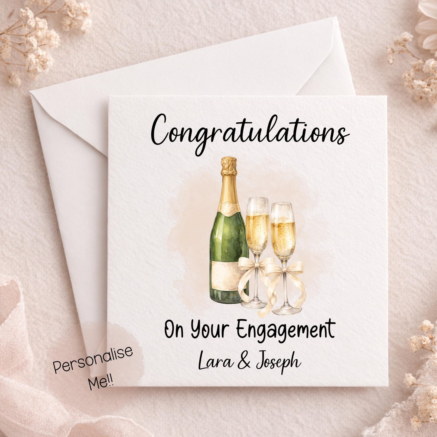 Personalised engagement card with champagne glasses and custom names for couple