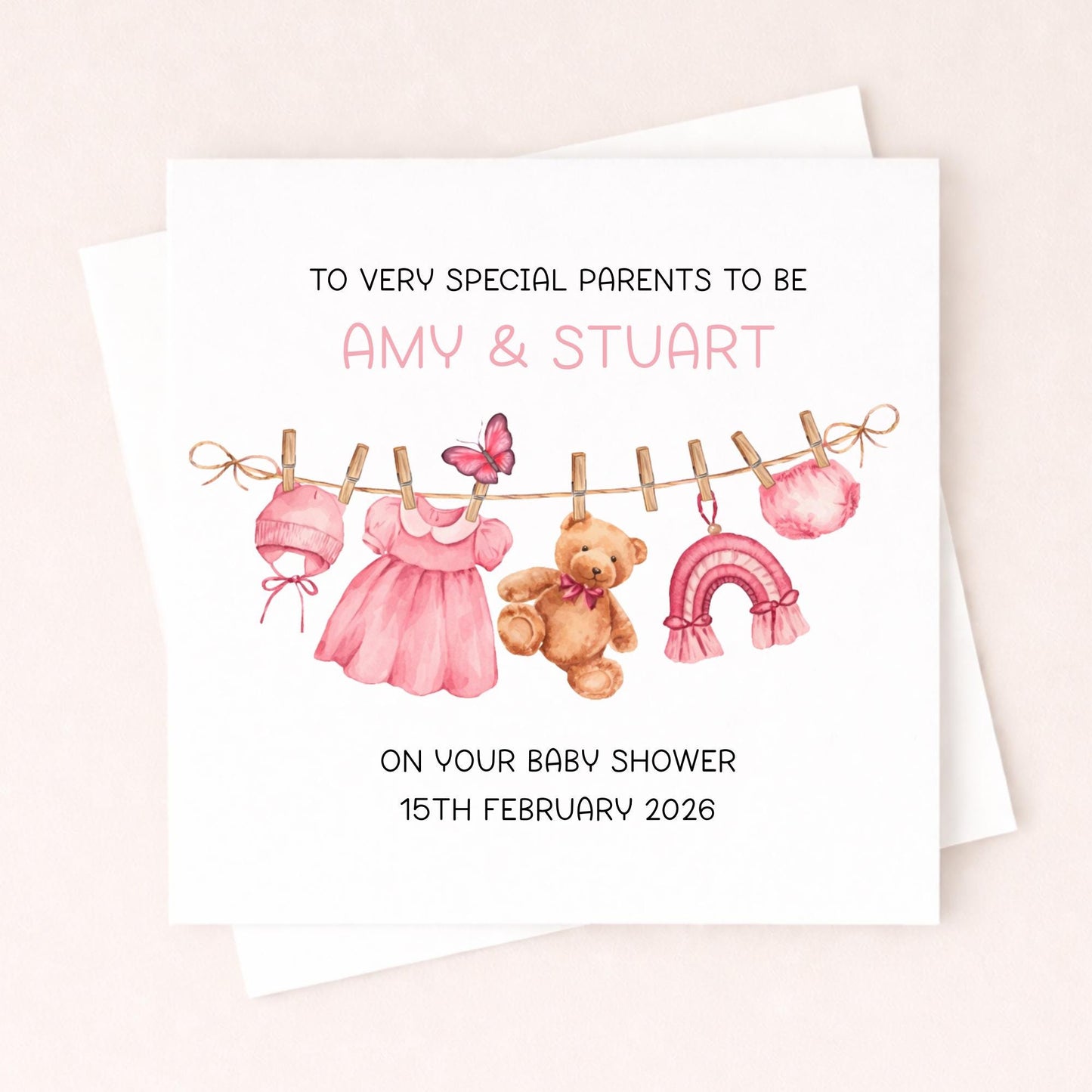 Personalised Baby Shower Card Girl – Parents To Be Card – Custom Name & Date Baby Girl Shower Card – New Baby Card