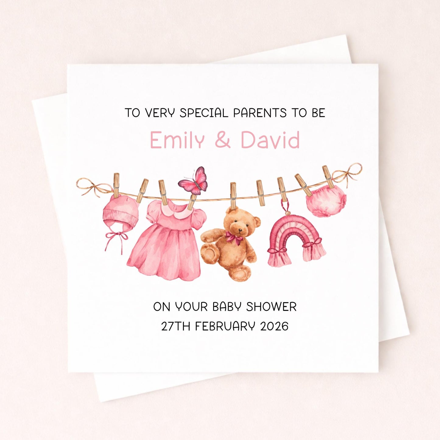 Personalised Baby Shower Card Girl – Parents To Be Card – Custom Name & Date Baby Girl Shower Card – New Baby Card