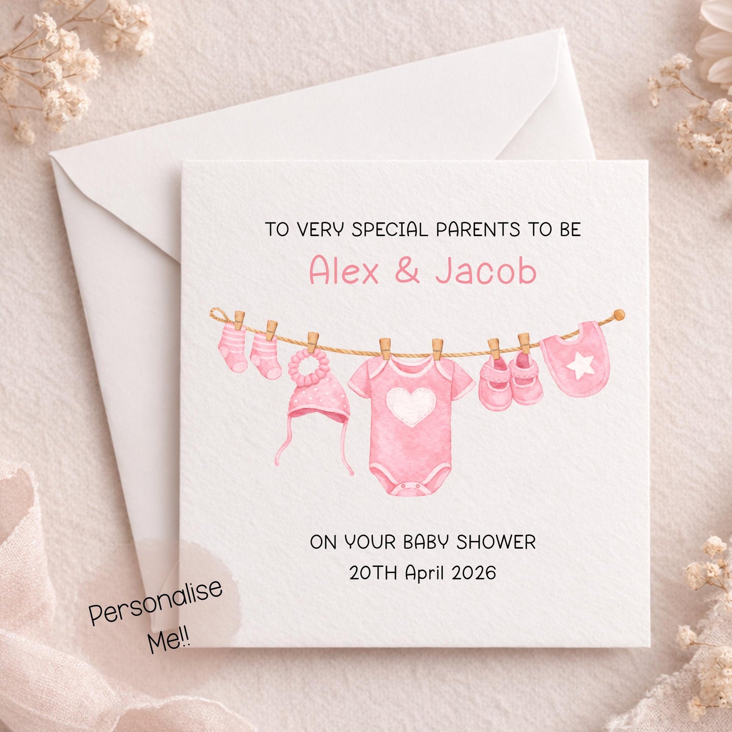 Personalised Baby Shower Card Girl – Parents To Be Card – Custom Name & Date Baby Girl Shower Card – New Baby Card