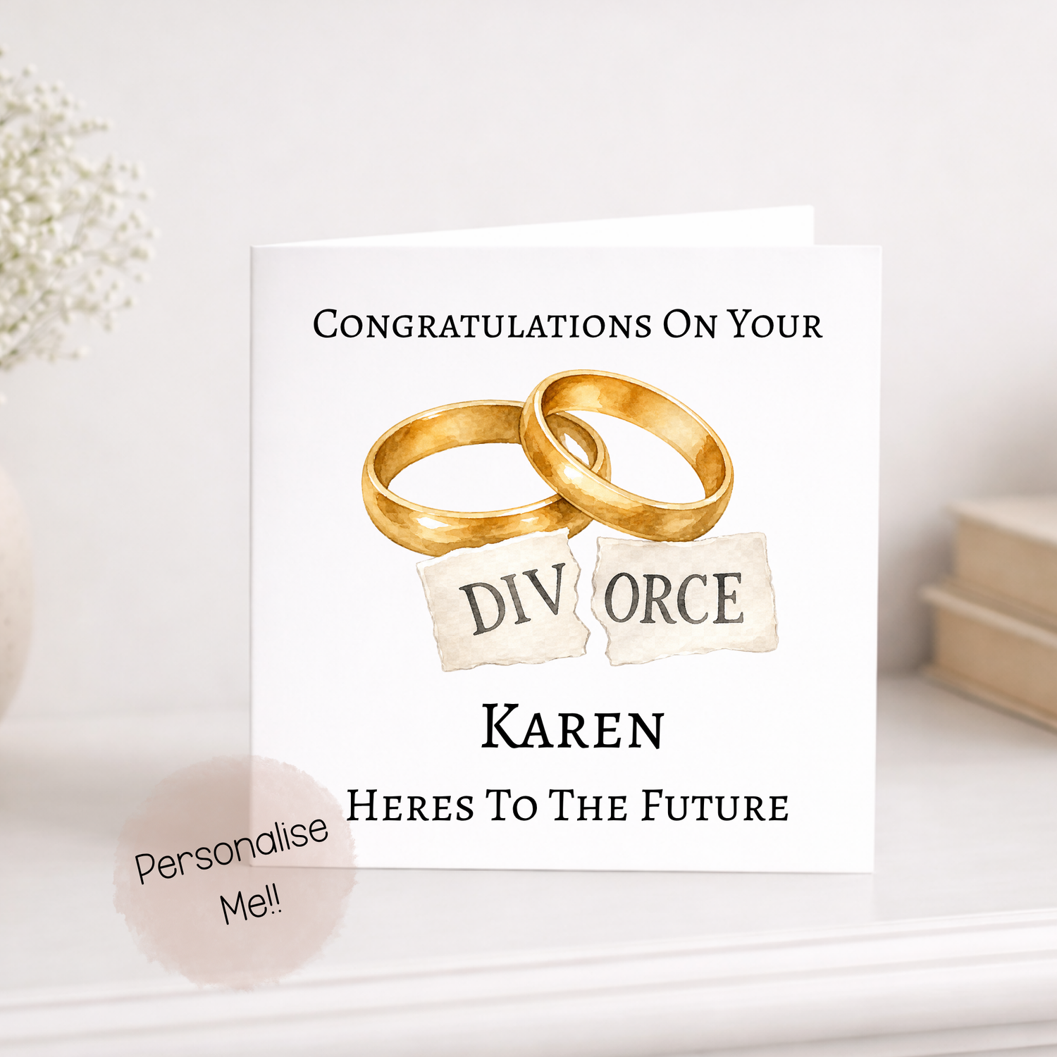Card with two gold rings and text about divorce on a white background