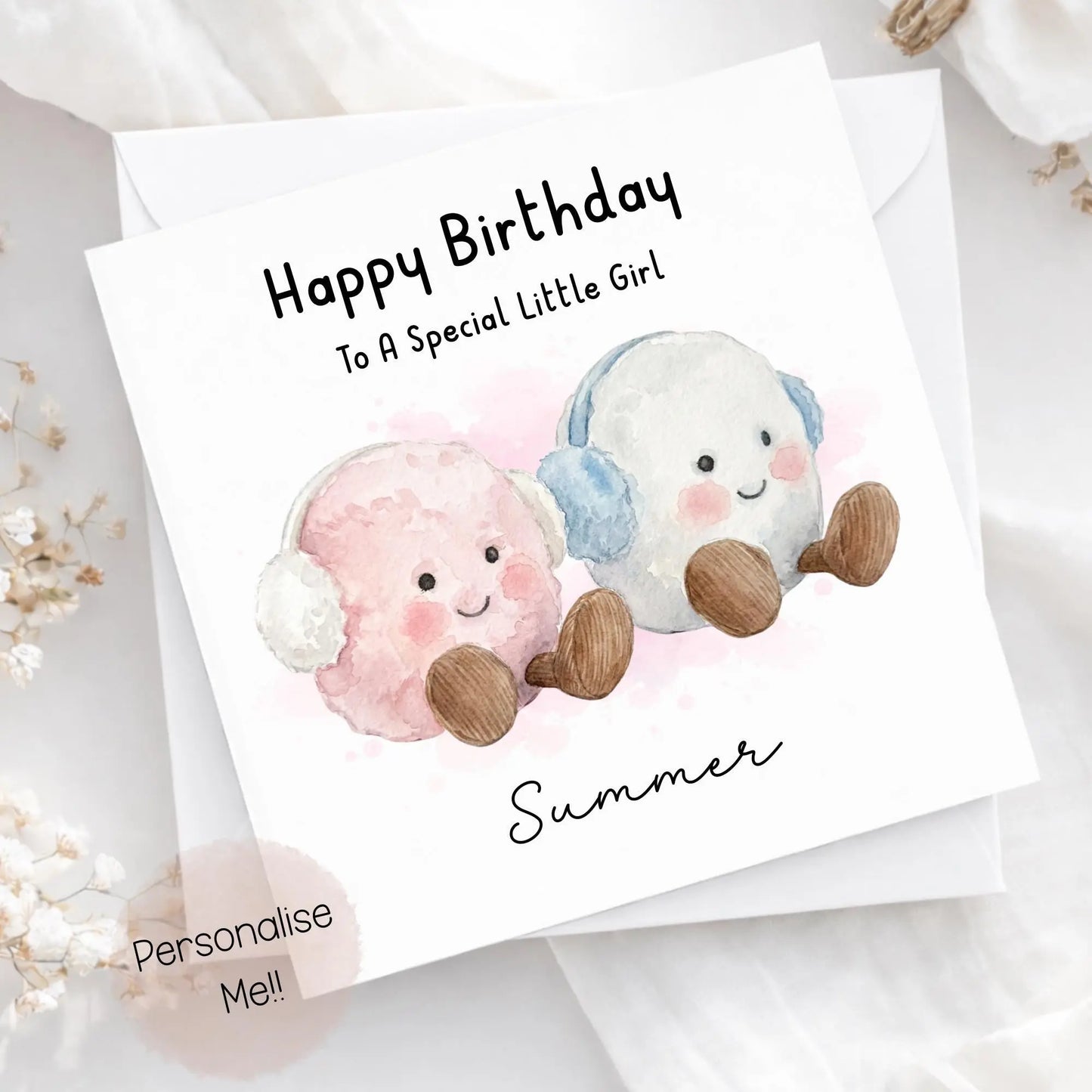 Personalised Birthday Card Girl – Cute Pink & White Character Card – Custom Name Little Girl Birthday Card – Special Little Girl Card