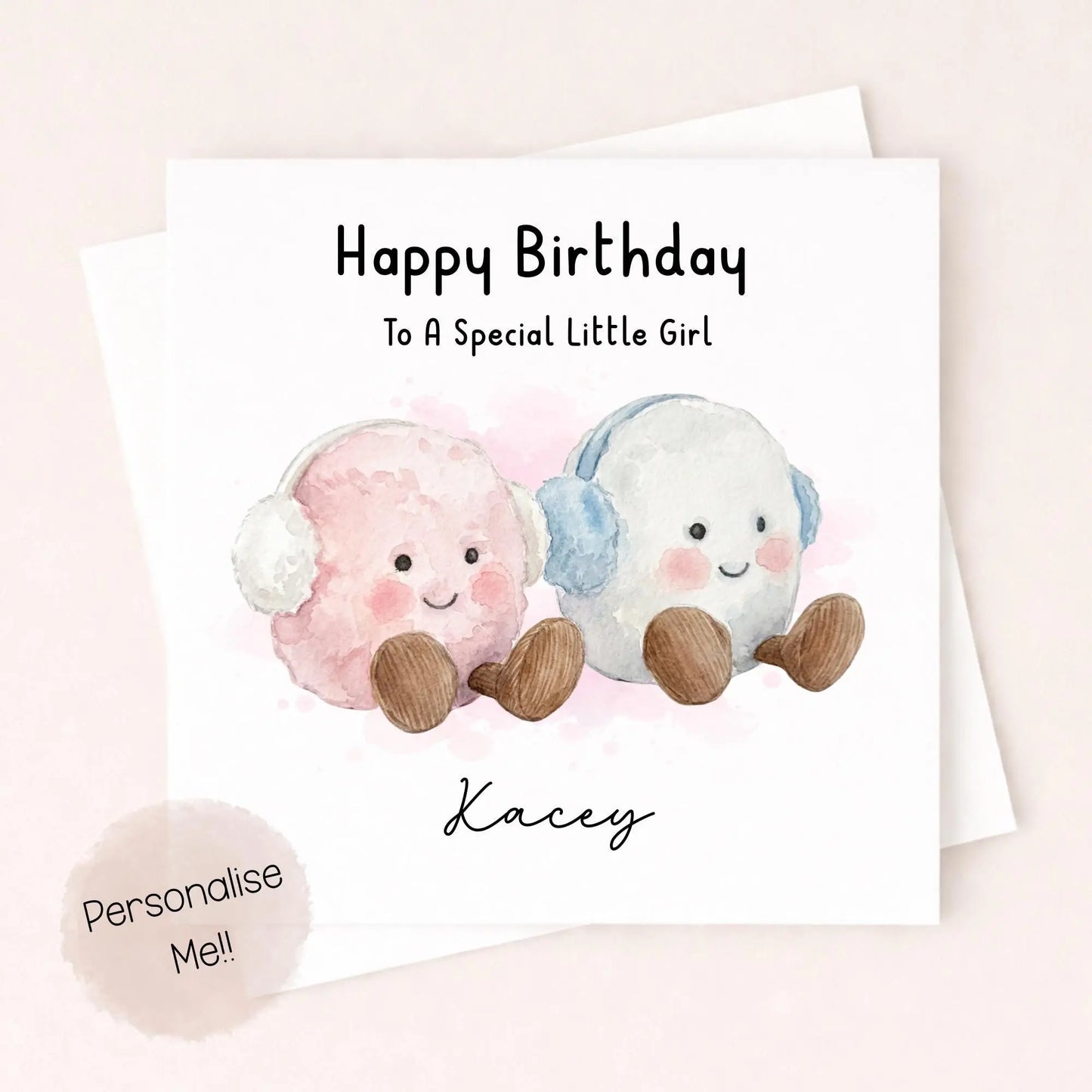 Personalised Birthday Card Girl – Cute Pink & White Character Card – Custom Name Little Girl Birthday Card – Special Little Girl Card