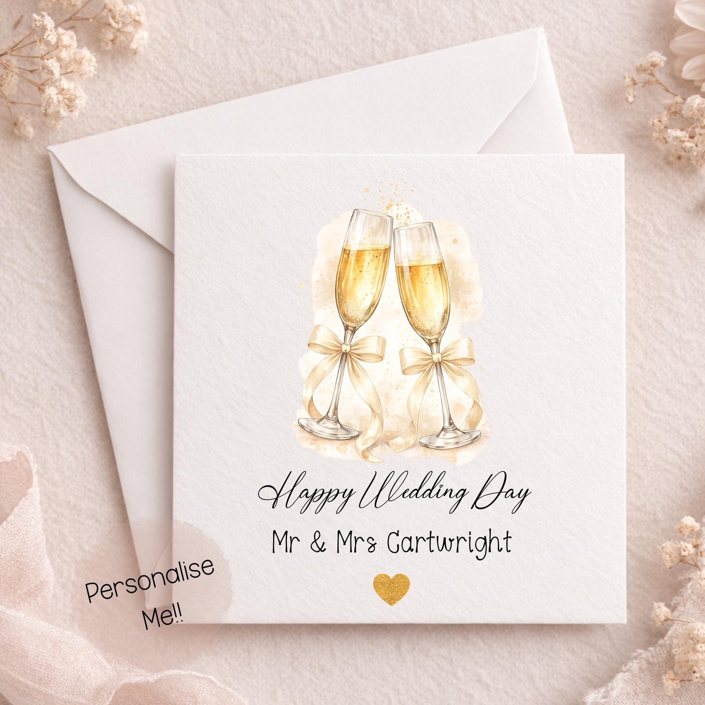Personalised wedding card with champagne glasses and custom names Mr and Mrs Cartwright