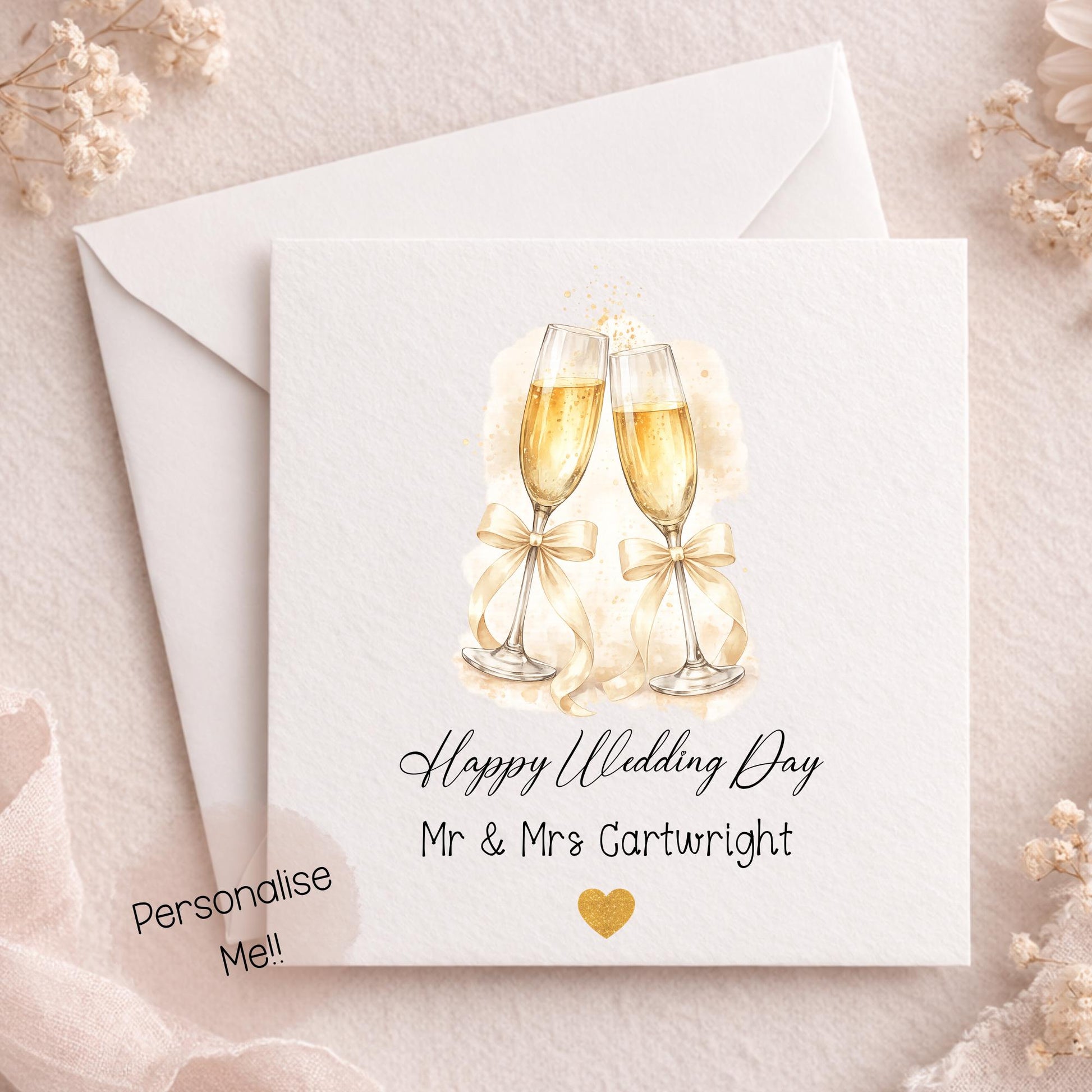 Personalised wedding card with champagne glasses and custom names Mr and Mrs Cartwright