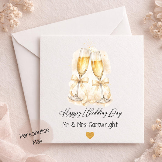 Personalised wedding card with champagne glasses and custom names Mr and Mrs Cartwright