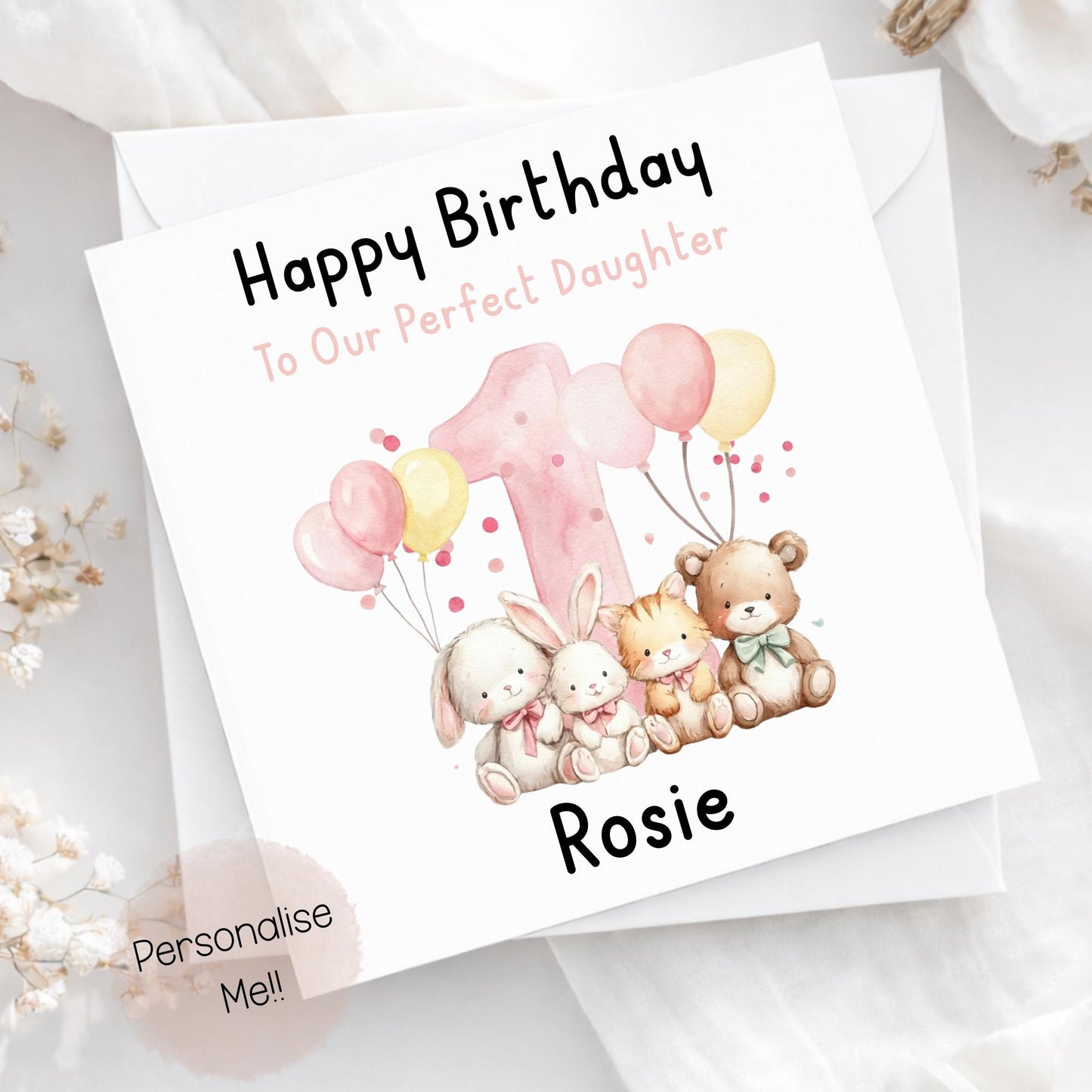 Personalised 1st birthday card for daughter with pink balloons, number 1 and custom name Rosie