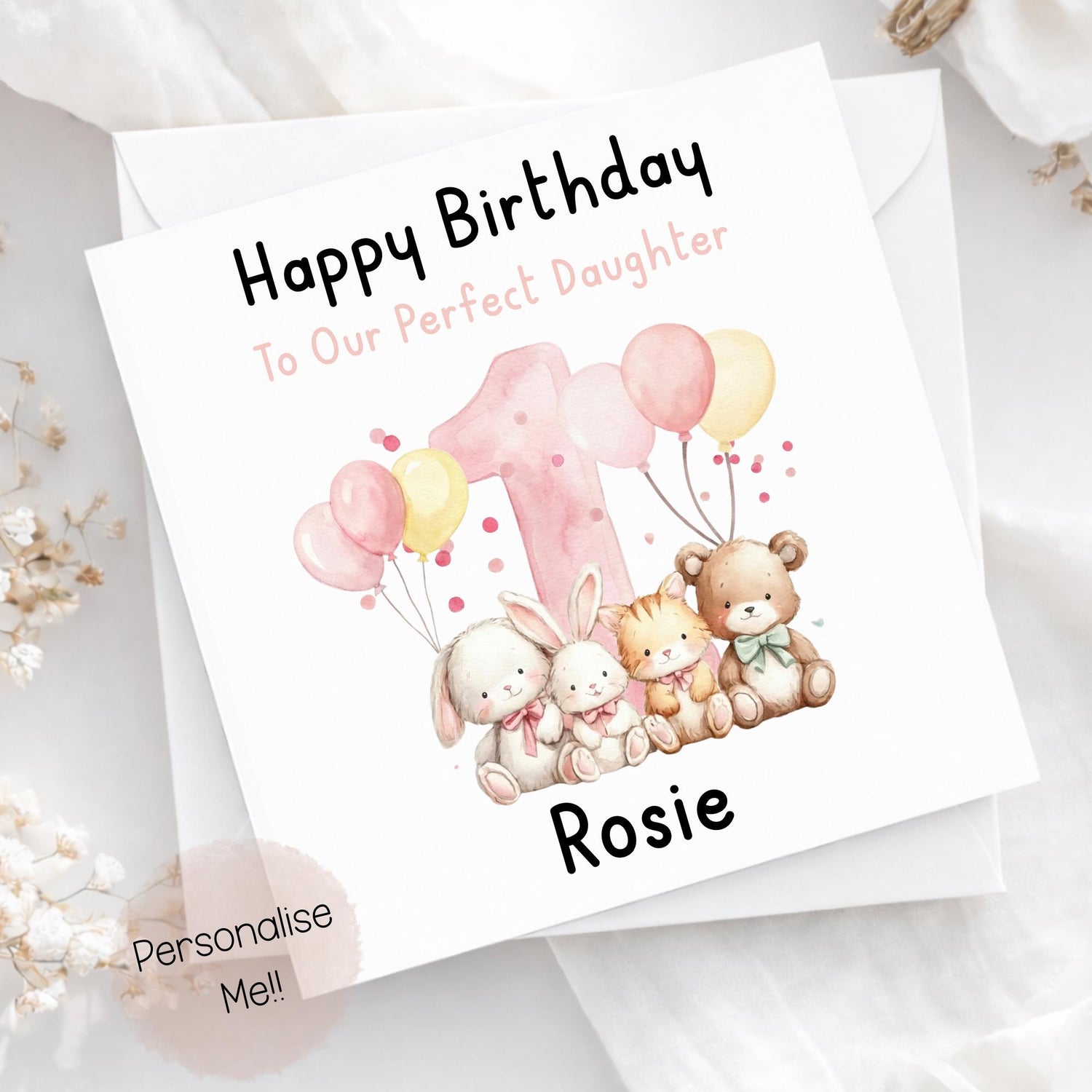 Personalised 1st birthday card for daughter with pink balloons, number 1 and custom name Rosie