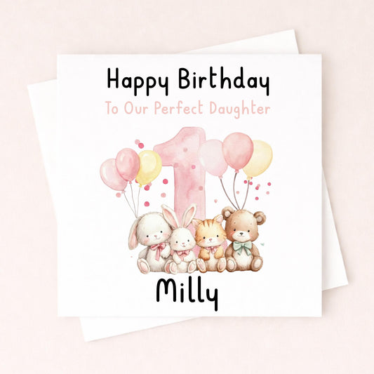 Personalised 1st Birthday Card Daughter – Cute Animal First Birthday Card – Pink Balloon Baby Girl Card – Custom Name Card