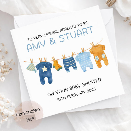 Baby shower invitation card with baby clothes on a line, personalized for Amy & Stuart.