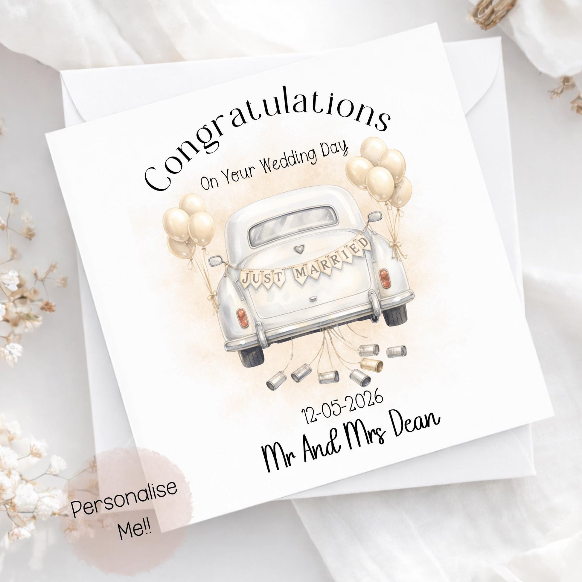 Personalised wedding card with just married car design, custom names Mr and Mrs Dean and wedding date