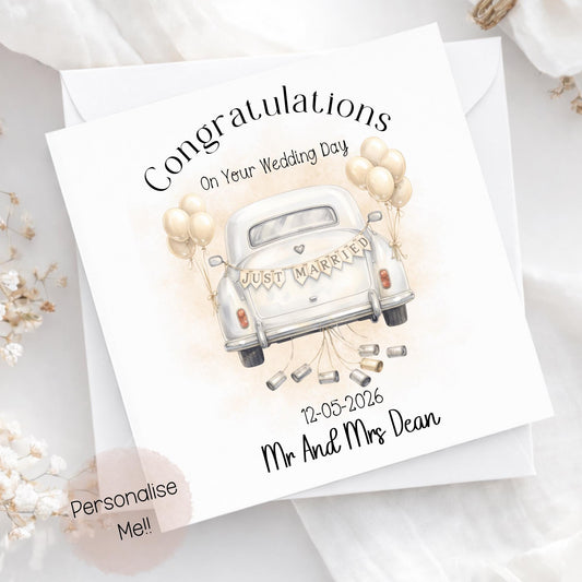 Personalised wedding card with just married car design, custom names Mr and Mrs Dean and wedding date