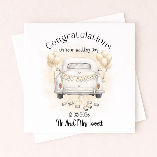 Personalised Wedding Card With Date – Just Married Car Wedding Card – Mr & Mrs Wedding Card – Custom Names Wedding Card