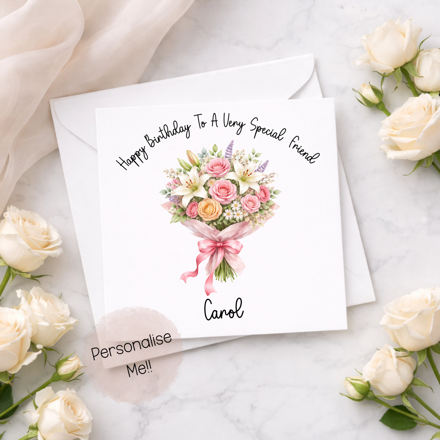 Personalised Floral Birthday Card – Elegant Flower Birthday Card for Friend Mum Nan – Custom Name Birthday Card