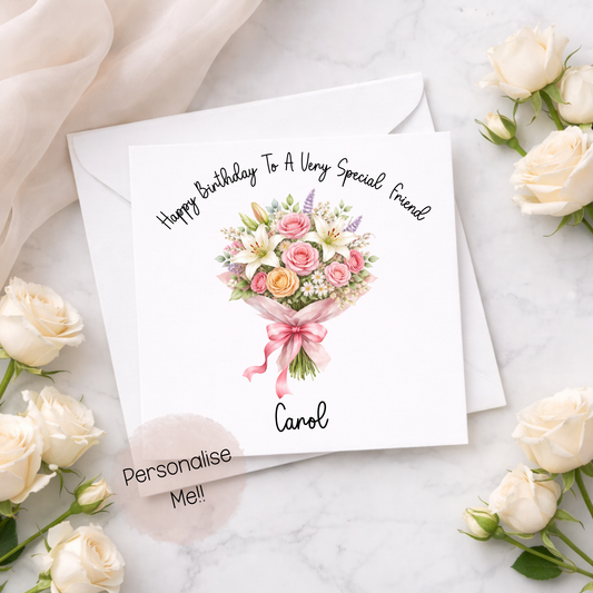 Personalised Floral Birthday Card – Elegant Flower Birthday Card for Friend Mum Nan – Custom Name Birthday Card
