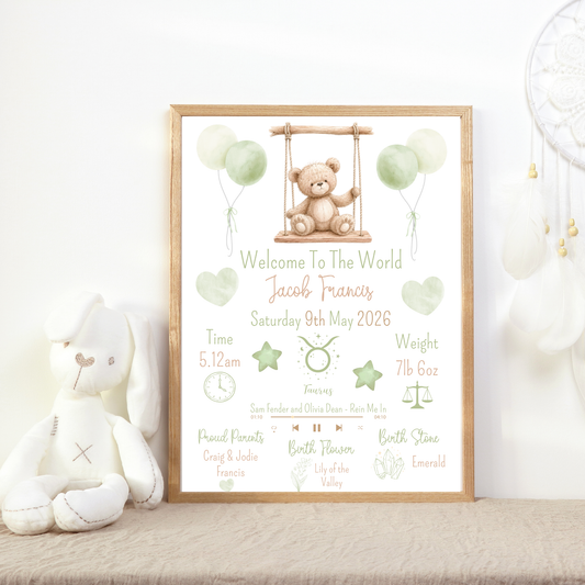 Framed birth announcement poster with teddy bear and balloons on a shelf with toys.