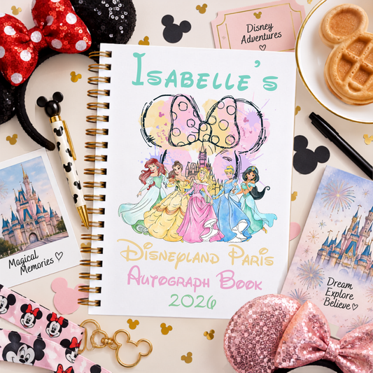 Personalised Disneyland Paris autograph book with custom child's name and year, princess and castle design on an A5 spiral-bound character autograph book.